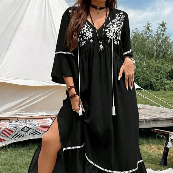 Black Boho Womens Floral Print Tassel Tie Neck Ruffle Hem Dress - Picture 1 of 5